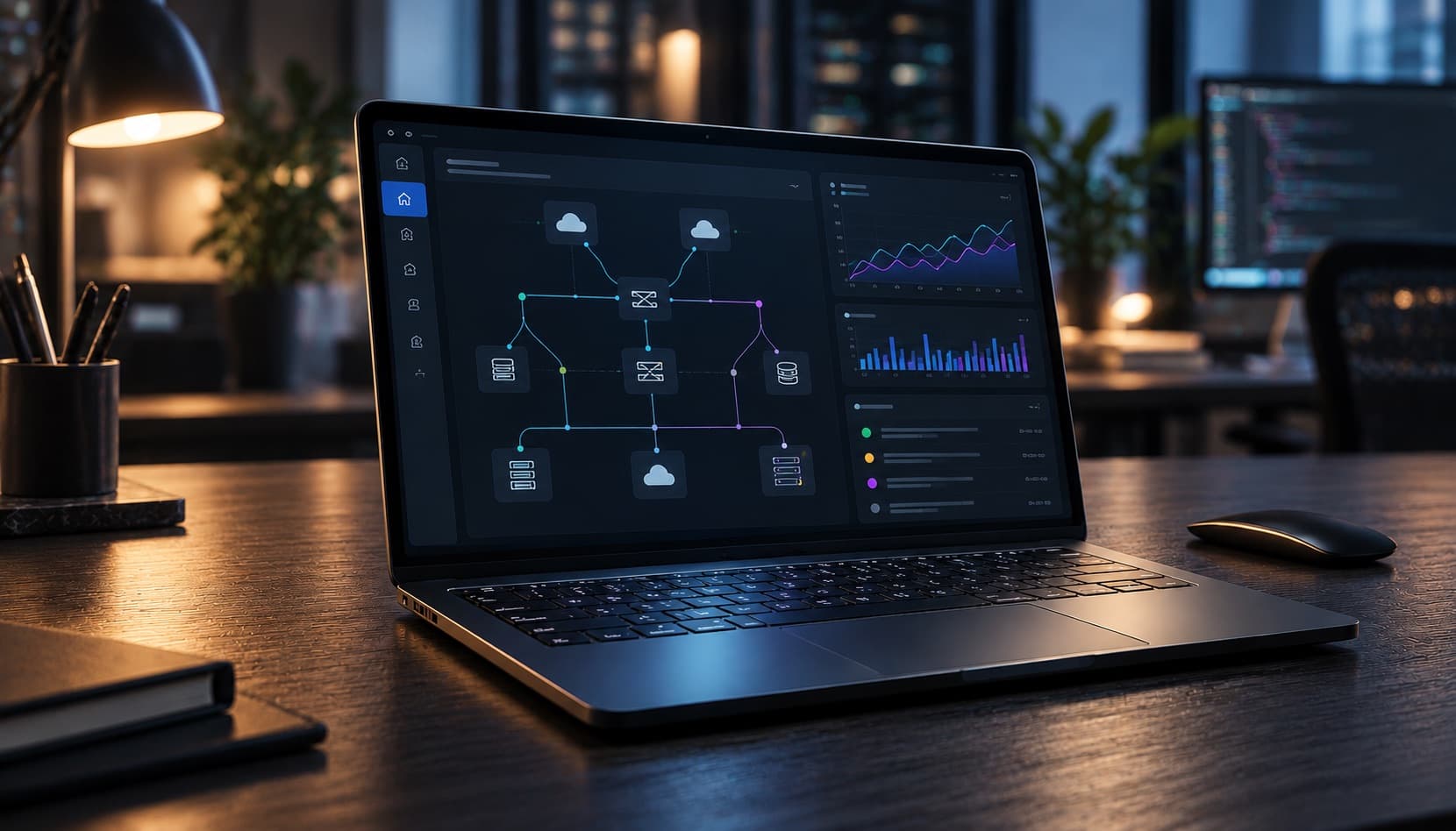 Cloud infrastructure dashboard on a laptop