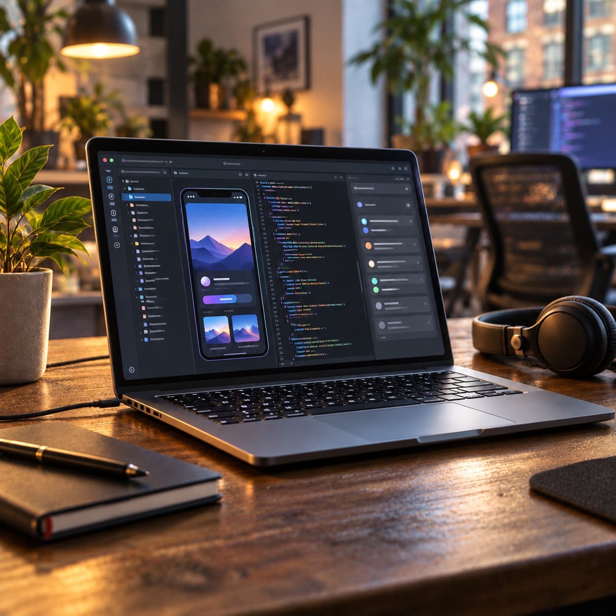 Developer workspace with a code editor open on a laptop
